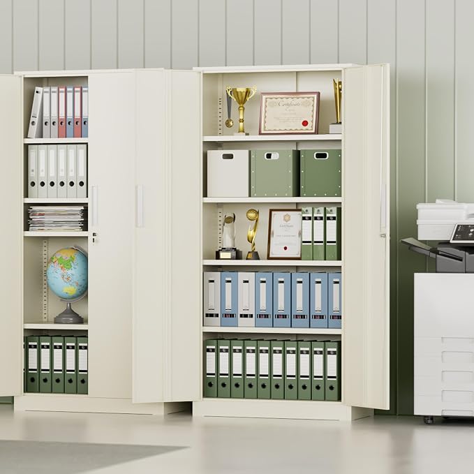 Metal Storage Cabinet, 72" H Lockable Steel Cabinets with Locking Doors, Storage Locker with Adjustable Shelves for Office, Home, Garage, Gym, School (Warm Grey)