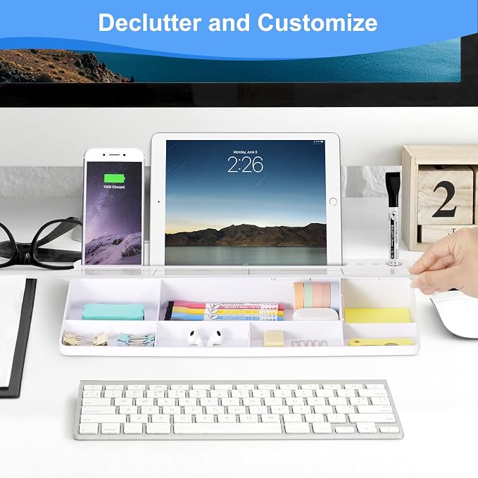 Desktop Glass Whiteboard with Storage, Weekly Calendar Desk White Board | Computer Keyboard Stand, Office Desk Organizers and Accessories with Drawer, To Do Memo Notepad, Home School Supplies