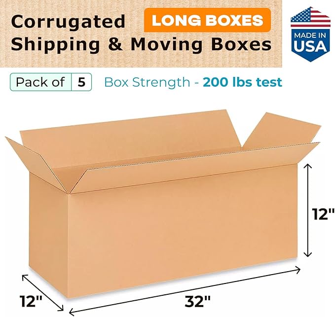 Long Shipping & Moving Boxes 32 x 12 x 12 inches (5-Pack) - Extra Strength 200 lb vs Regular - USA-Made Corrugated Strong Packing Boxes - Cardboard Box Moving Stuff - Carton Box by IDL Packaging