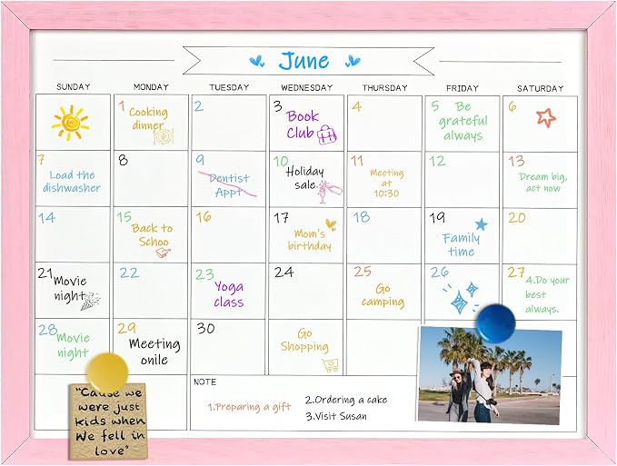 TORASO Dry Erase Monthly Calendar Board, Magnetic Whiteboard for Wall, Office/School/Home, Solid Wood Pink Frame Hanging Board 13"x 17"(YL-Pink-3343-B)