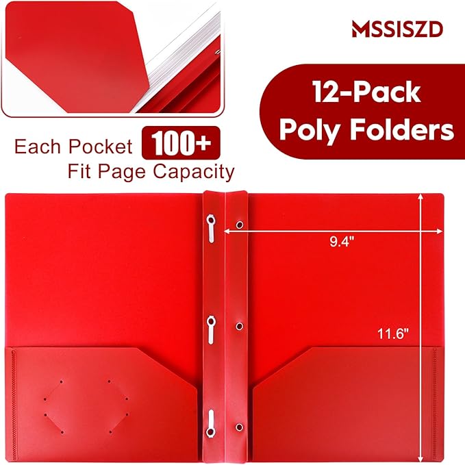 72-Pack Plastic Folders with Pockets and Prongs,2-Pocket Folders with 3 Fasteners, Holds 8-1/2" x 11" Paper for School/Office/Home, Red