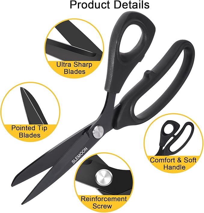 9" Scissors All Purpose, Heavy Duty Professional Tailor Scissors for Fabric Cutting, Leather Craft & Sewing Projects, Black