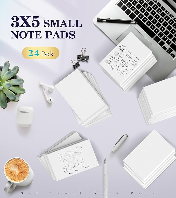 Small Note Pads 3x5 White Pocket Notepad, 24 Pack Server Note Pads 3x5 Mini | Memo Pads, Scratch Pads Small Writing Pads White Paper, 50 Sheets per Blank Pocket Notepads 3x5 Scratch Paper for Work/School