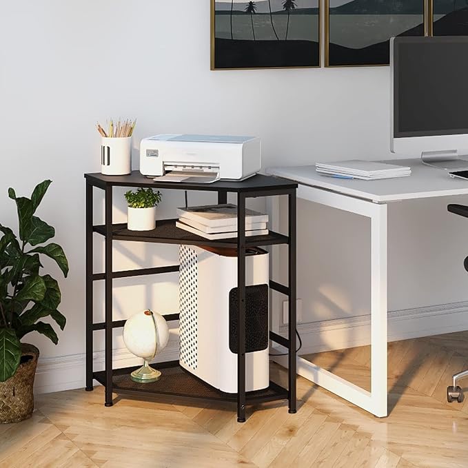 VEDECASA Corner Printer Stand Table with Power Outlet Charging Plugs USB Port Adjustable Storage Shelf Computer Tower CPU Stand Holder for Home Office (Black)