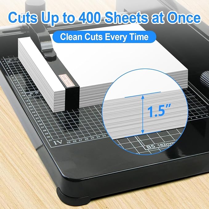 12 Inch Heavy Duty Guillotine Paper Cutter, 400 Sheet Capacity | Solid Steel A4 Stack Trimmer with Safety Lock and Clear Grid for Offices, Schools, Print Shops and Commercial Cutting Tasks