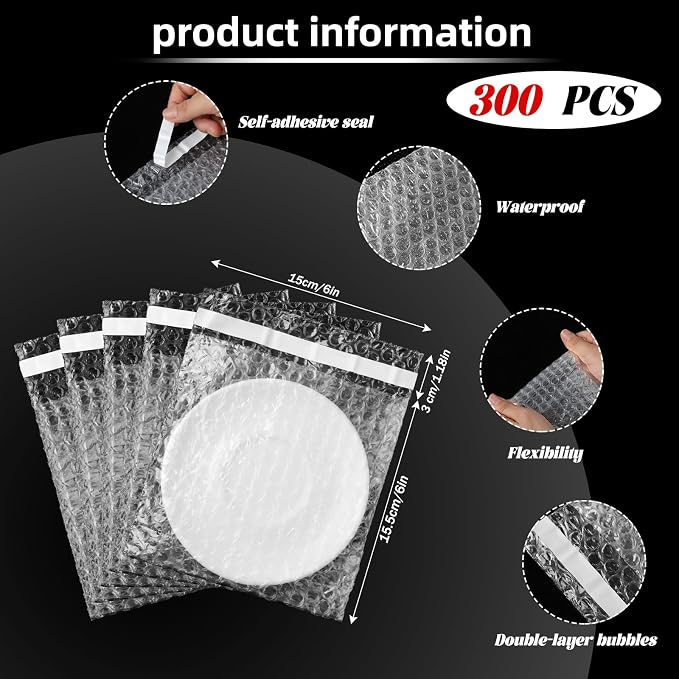 Frienda 300 Pcs Self Adhesive Bubble Bags Packing Pouches, 6" X 6" | Double Wall Clear Protective Wrap, Shockproof for Small Business Shipping Packaging, Cushioned Fragile Items Protection
