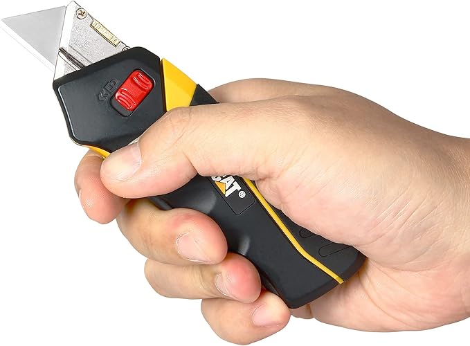 Cat Safety Utility Knife Box Cutter Self-Retracting, Squeeze Handle to Extend, Release to Retract, Lock Open w/Switch, Ergo Handle w/ 3 Safety-Tip Blades That Store Inside - 240071