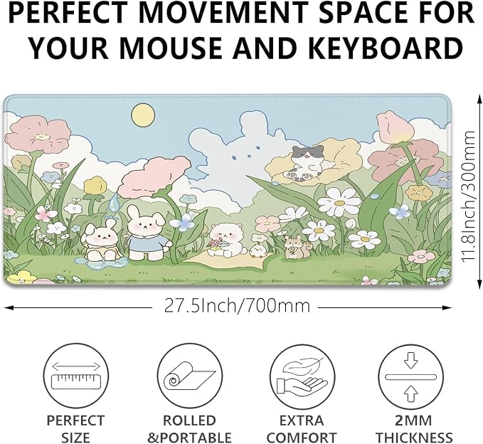 Cute Cartoon Bear Rabbit Cat and Flowers Extended Desk Pad Mouse Pad,Stitched Edges Non-Slip Rubber Base XL Mouse Mat Desk Mat for Office Home Work Floral Mousepad(27.5X11.8 Inch)