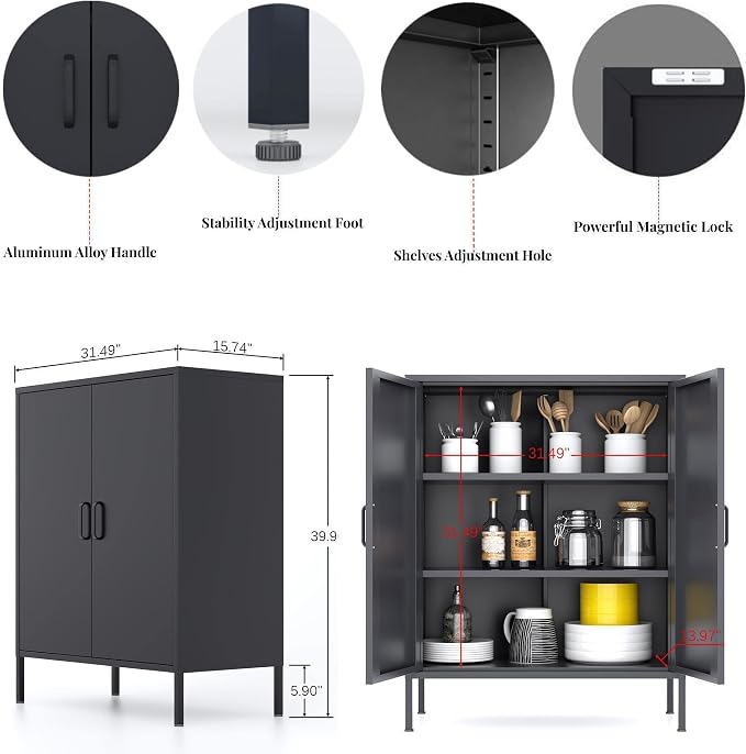 Chshin Black Metal Storage Cabinet,Metal Locker Storage Cabinet with 2 Doors and Shelves,Kitchen Pantry Cabinet,Modern Storage Freestanding Organizer Rust for Home,Kitchen,Office