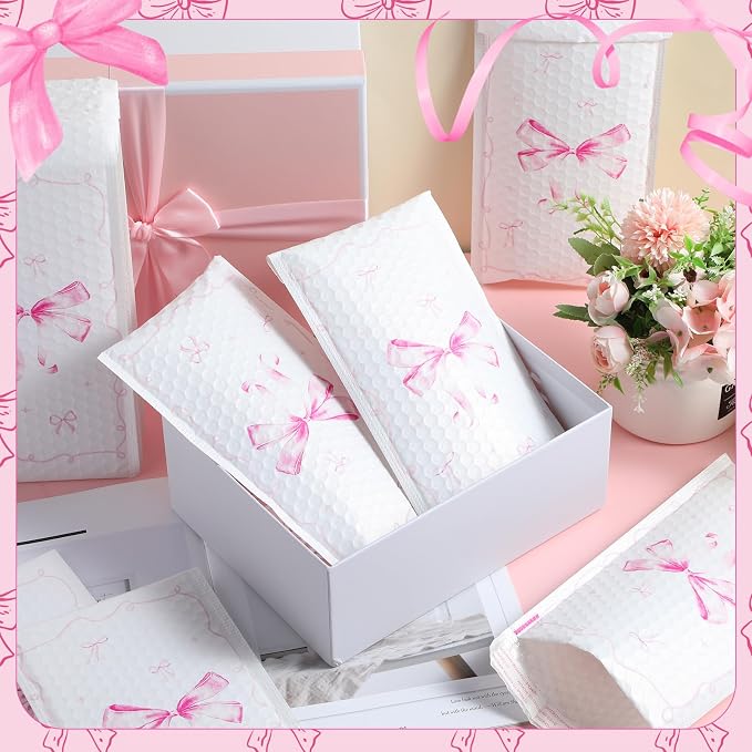 Pasimy 25 Pcs Pink Poly Bubble Mailers Cute Bow Poly Mailers 6x10 Inch Waterproof Self Adhesive Seal Small Padded Mailing Envelopes Coquette Mailing Bags for Shipping Small Business Packaging