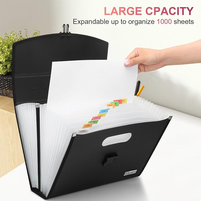 Uquelic 26 Pockets Expanding File Folder Organizer, Durable Buckle | Accordion Folder Base with Ergonomic Portable Handle, Large A4 Letter Size Document Organizer, Folders with Pockets