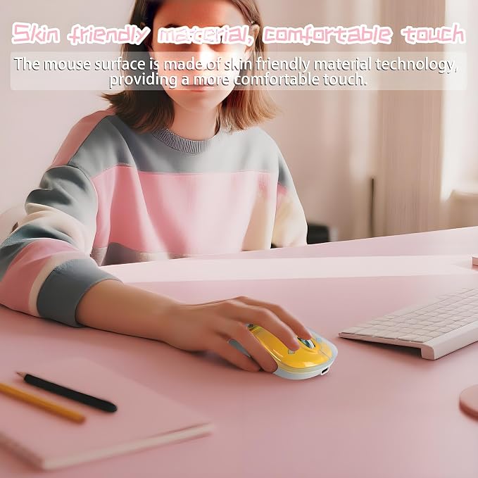 elec Space Cute Wireless Bluetooth Mouse - Rechargeable Silent Mouse with Magnetic Sand Cover, 3 Mode Connectivity, RGB Lighting, Ergonomic Design for Home, Office & School Use (Yellow)