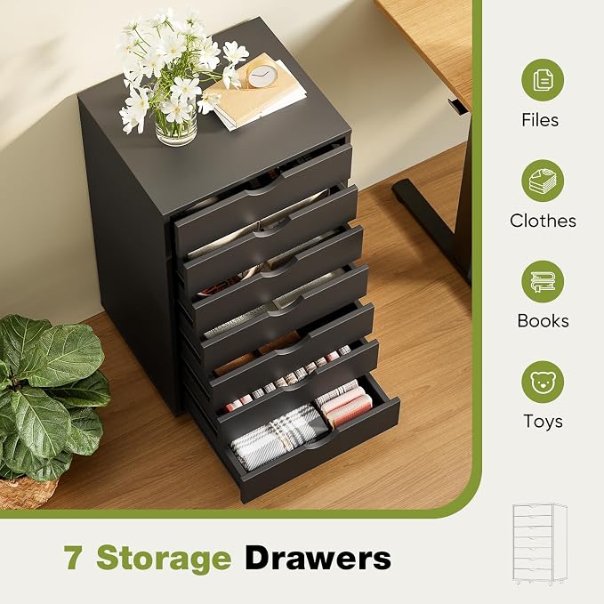 Sweetcrispy 7 Drawer Wooden Dresser, Storage Cabinets, Room Organization | Mobile Rolling Wheels, Vertical Organizer Chest, Home Office Bedroom Furniture, Black Wood