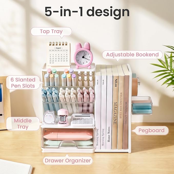 Sooez Desk Organizer with Bookends, Pegboard & Drawer, Pen & Pencil Holder | Desk Accessories with 5 Compartments, Teacher School Office Supplies, Dorm Room Organization Storage for Sticky Notes, Purple
