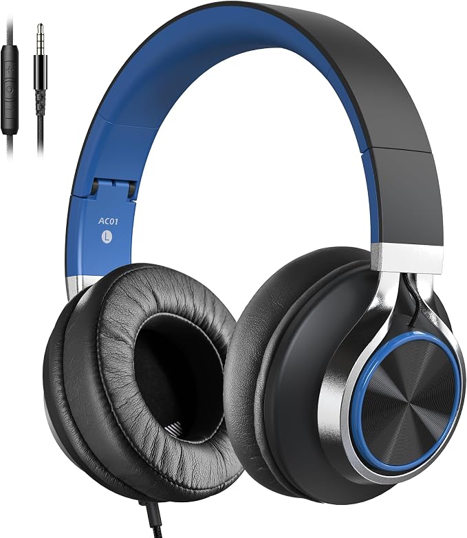 AC01 Over-Ear Headphones Wired with Mic Volume Control, Black Blue | Passive Noise Isolating Corded Stereo Headsets for Adults Teens Kids 3.5mm for School, Chromebooks, Laptop, Tablets, Travel