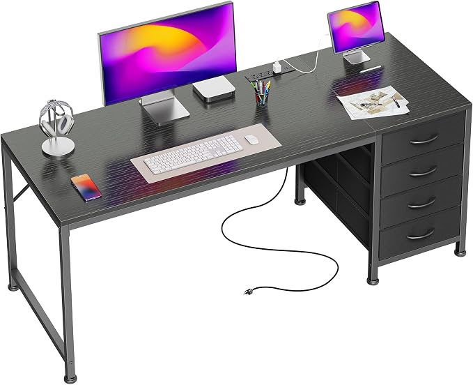55.1 Inch Computer Office Desk with Power Outelts and USB-C Port, Reversible Gaming Desk with 4 Fabric Drawers, Work Study Desk Work from Home, Black
