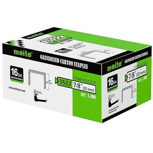 meite Carton Closing Staples 16 Gauge 1-3/8" Wide Crown Copper-Coated Box Staples for Pneumatic or Manual Staple Gun Cardboard Packaging, 7/8" Length, 14000PCS