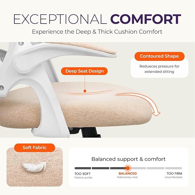 NEO CHAIR Office Desk Chair, Ergonomic Mesh with Flip-Up Armrests, Beige | Lumbar Support, Height Adjustment, 360° Swivel and Rolling Base, Space-Saving Design for Home Office, Vanity or Study