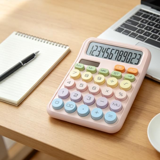 Desk Calculator with Big Easy-Press Buttons, 12 Digit Cute Office Calculators with Large LCD Display, Solar Battery Dual Power, for Office, School, Home (Pink)