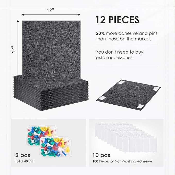 Large Cork Board for Walls 48"x36" |Cork Board Alternative| 12 Pack Felt Wall Tiles| Dark Gray Bulletin Board with Removable Adhesive | Cork Boards Pinboard for Office Home Classroom，Dark Gray