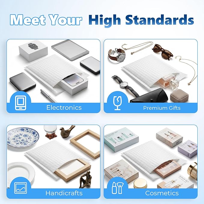 Metronic Bubble Mailers 6.57x10" 50 Pack Padded Envelopes with 1/7" Thickened Bubble Waterproof Mailing Envelopes Usable Size 6.57x9" Shipping Bag for Fragile Products, 6x9 Items,Small Business, White