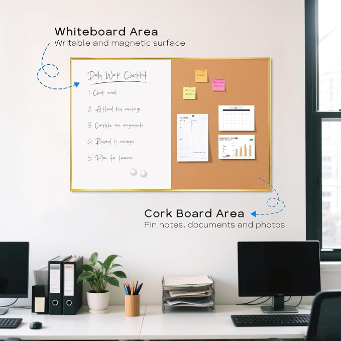 Magnetic Dry Erase White Board & Cork Board Combo, 36"x24", Wall Mounted | Gold Aluminum Frame, Dry Erase Board and Cork Bulletin Board, Vision Board, for Home Office, School, Kitchen