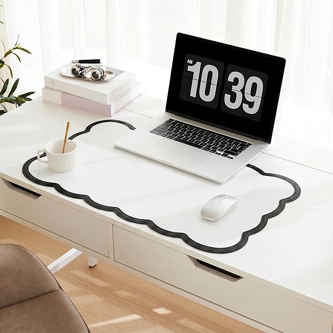 Scalloped Desk Mat, 23.6" x 11.8" Cute Small Aesthetic Desk Accessories, PU Leather Computer Laptop Desk Mouse Keyboard Pad, Desk Writing Mat for Vanity/Work/Home Decor Black