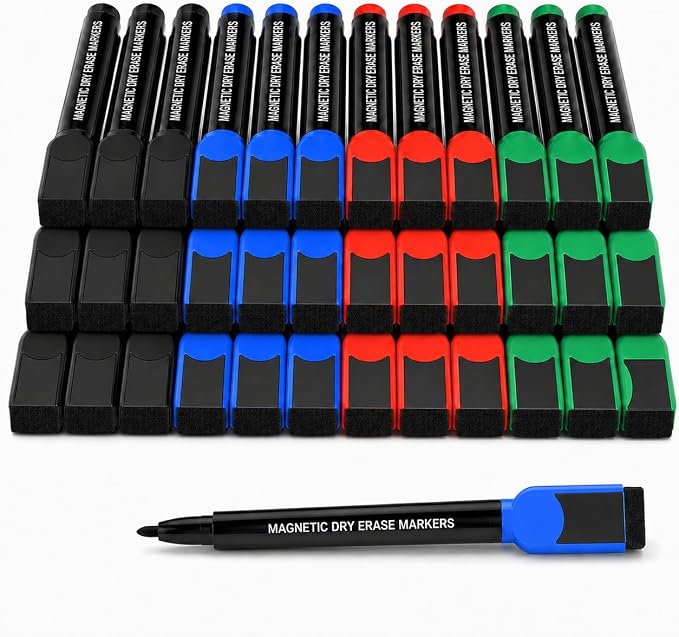 SUQJOY Magnetic Dry Erase Markers 36 Count, Fine Tip Whiteboard Markers with Eraser Caps, Low Odor, 4 Colors Black Blue Red Green, for Fridge Calendar, Office and Home