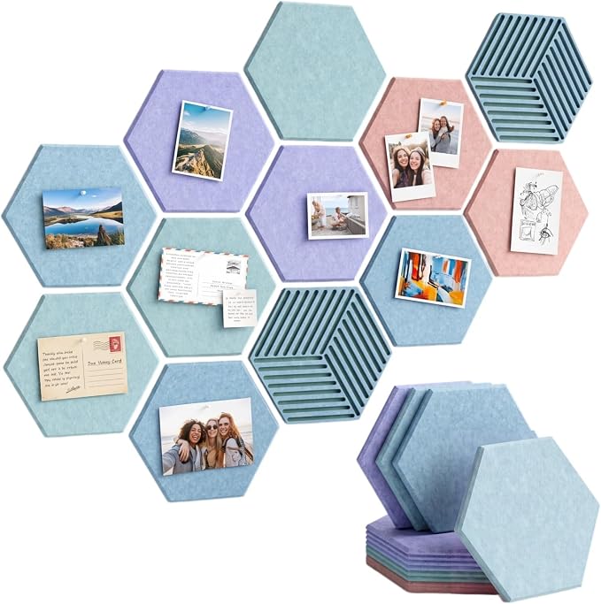 Hexagon Cork Board Alternative for Walls Decor-10-Pack Felt Bulletin Board Tiles,with 30 Pushpins,50 Adhesive Tabs for Office,Classrooms & Home Pin Board Felt Board-Pink