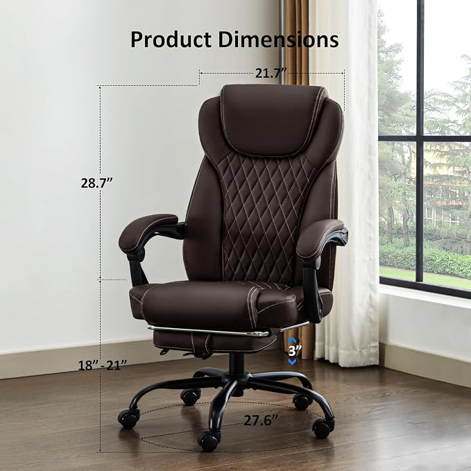 amseatec Big and Tall Office Chair with Footrest, Lumbar Support, Brown | Ergonomic Leather High Back, Infinite Lock Reclining 90°-135°, 20 Spring Packs, 300lbs Capacity, Executive Desk Chair