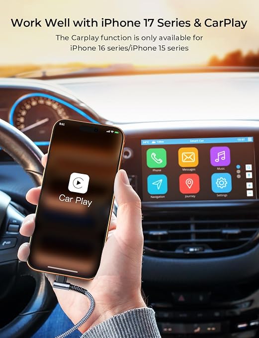 Car Carplay Cable (3.3FT+3.3FT), USB A to USB C Car Charger Cord | Fast Charging,Braided Right Angle,Gold-Plated, for iPhone 17 16 15 Pro Max, Samsung Galaxy S26 S25 S24 Ultra, Google Pixel