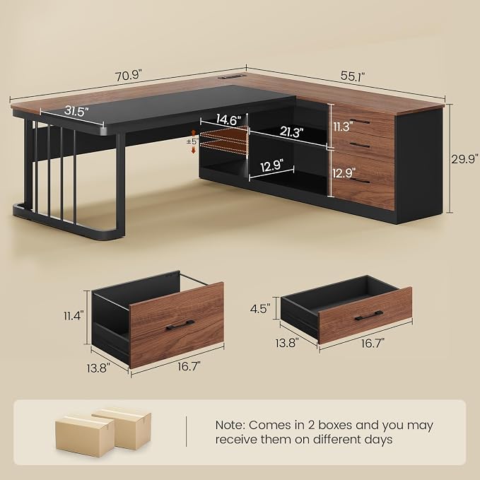 71" Executive Desk, Large Office Desk with Drawers & Storage Shelves, Modern L Shaped Computer Desk Corner Desk with Power Outlets, File Cabinet, Business Furniture Desk Workstation (Walnut)