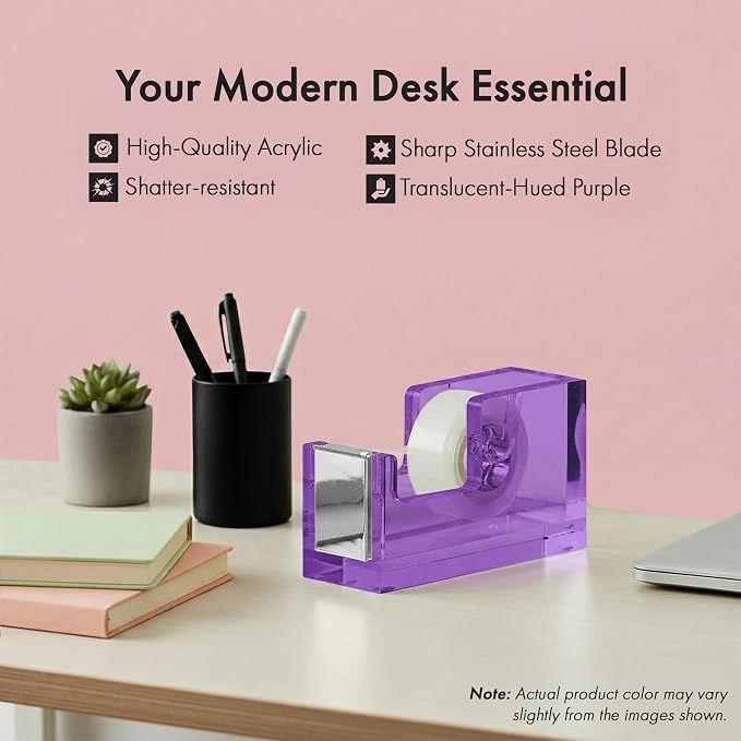 OfficeGoods Acrylic Tape Dispenser, Aesthetic and Compact Design, Purple | Modern desk accessory for office, Heavy duty refillable tape holder for crafting, Stylish desktop accessory for gift wrapping