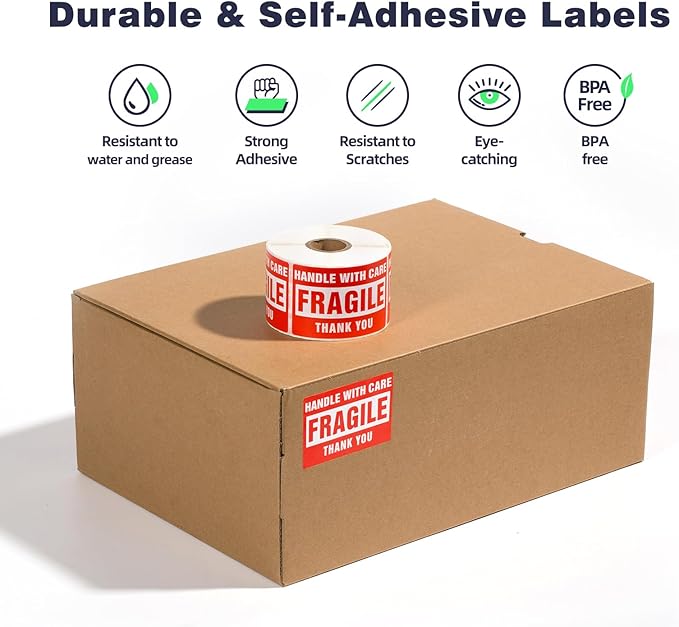 3 x 2 Inch Handle with Care 500 Fragile Stickers for Shipping Moving Glass Permanent Adhesive Commercial Grade Fragile Labels (1 Roll, 500 Labels)