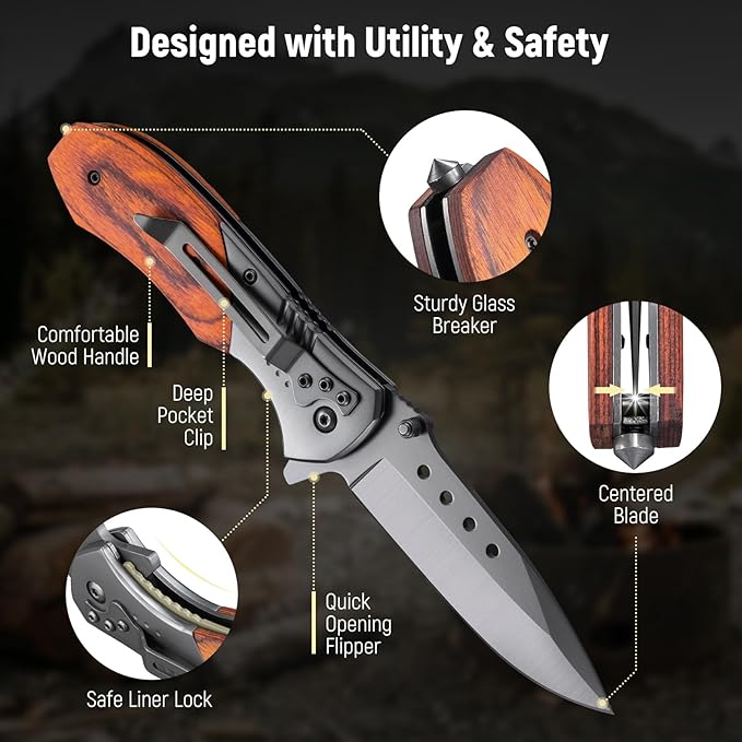 Pocket Knife for Men - Sharp Blade Wood Handle Pocket Folding Knives with Clip, Glass Breaker - EDC Knives for Survival Camping Fishing Hiking Women, Large, Grey