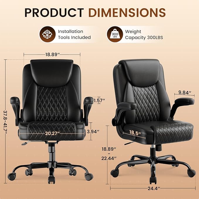 GTPLAYER PU Leather Office Chair, Home Desk Chair with Flip-up Arms, Black | Ergonomic Back, Comfy Executive Chair for Home Office Gaming, Flexible Rocking, Heavy Duty Chairs
