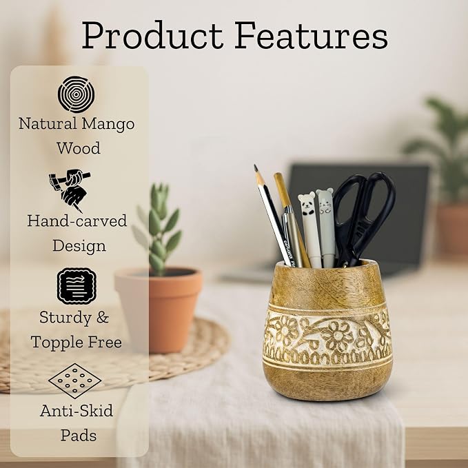 Mie Creations Farmhouse Pencil Holder for Desk, Wooden, White Floral 4'' | Wooden Pen Stand, Office Desk Organizer, Desktop Accessories, Stationery, Art Supplies, Paintbrush Stand, Make Up Brush Cup