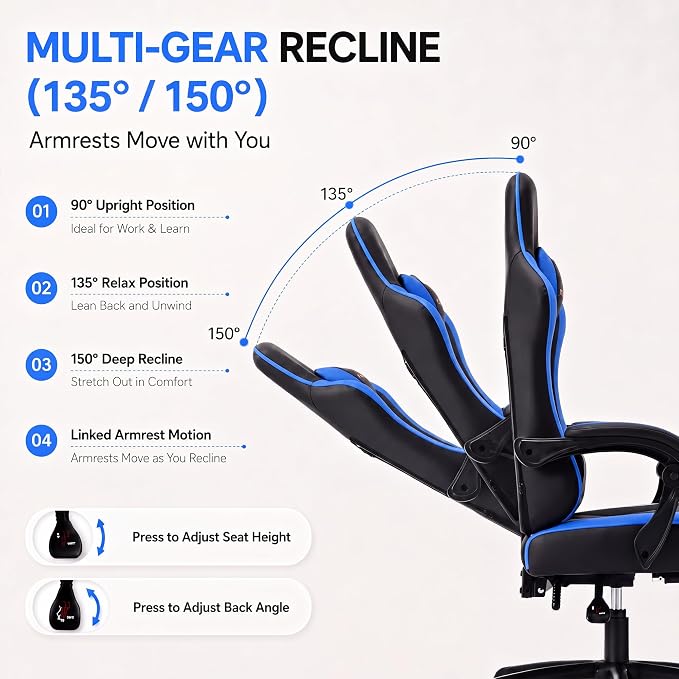 Desk Computer Gaming Chair - High Back Ergonomic Office Chair with Footrest and Lumbar Support, Swivel Comfy Home Gamer Video Game Chairs with Pocket Spring Cushion for Adults (Blue Leather)