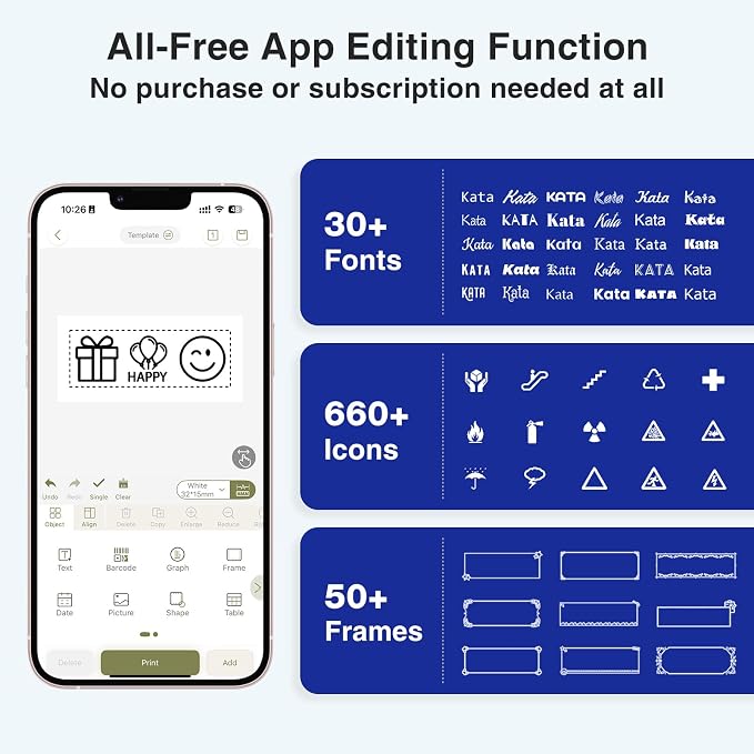 SUPVAN E12 Keyboard & Bluetooth Label Maker Machine with 4 Tapes, White | Rechargeable, LCD Backlit Display, App with 30+ Fonts & 660+ Icons, Minimal Margin, Inkless, for School, Office, Home
