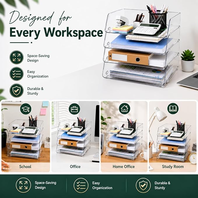 Clear Acrylic Paper Tray, 4 Tier Paper Organizer for Desk | Clear 4-tier organizer for files, folders & documents. Keeps desks tidy with easy-access vertical storage for office or home.