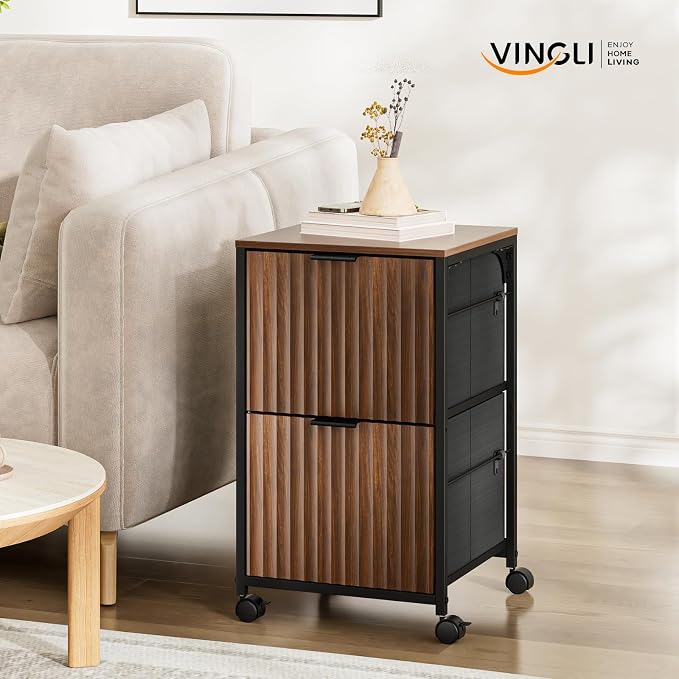 VINGLI 2 Drawer Mobile File Cabinet, Rolling Fluted Filing Cabinet Under Desk File Cabinet with Wheels, Fabric Drawers Printer Stand for Home Office, Fits Letter Size, Walnut