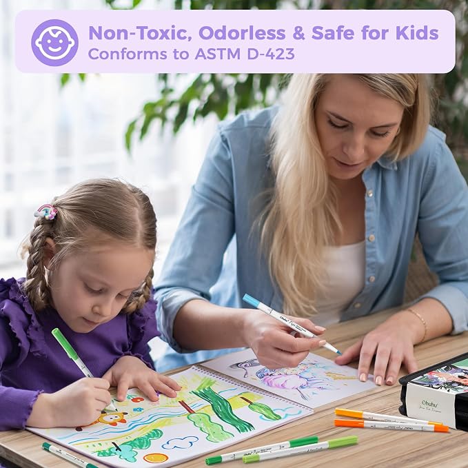 Ohuhu Adult Coloring Book Markers Paper-friendly Water-Based 60 Colors-Pupe | Coloring Markers No Peeling Dual Brush Fine Tips Ohuhu Markers No Bleeding Drawing Pens for Kids Adults Beginner Calligraphy