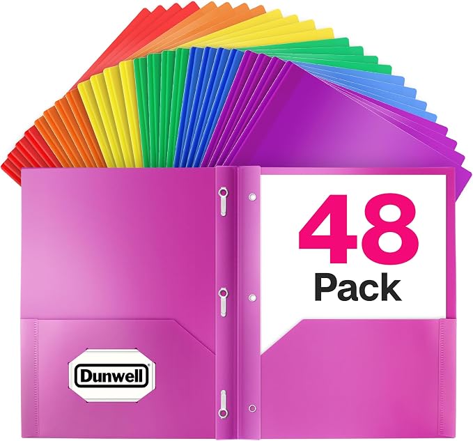 Dunwell Plastic 2 Pocket Folders with 3 Prongs, (48 Pack, Assorted Colors), 3-Clasp Folders with Fasteners, Tear-Resistant, Long Lasting Acid-Free Poly, Includes Labels