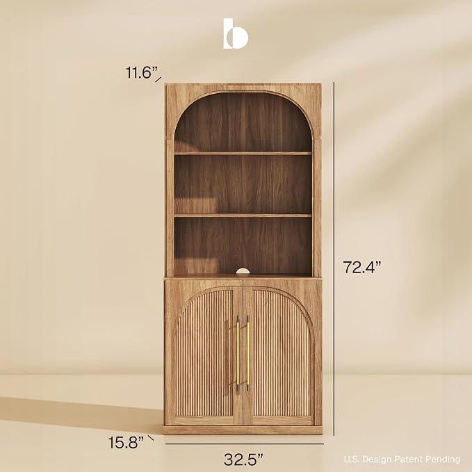 BELLEZE 72" Modern Wood Bookshelf with Arched Doors,Tall Storage Cabinet with Hutch and 3-Tier Shelves, Display Curio Cabinet for Kitchen, Dining Room, Living Room, or Office, Camel