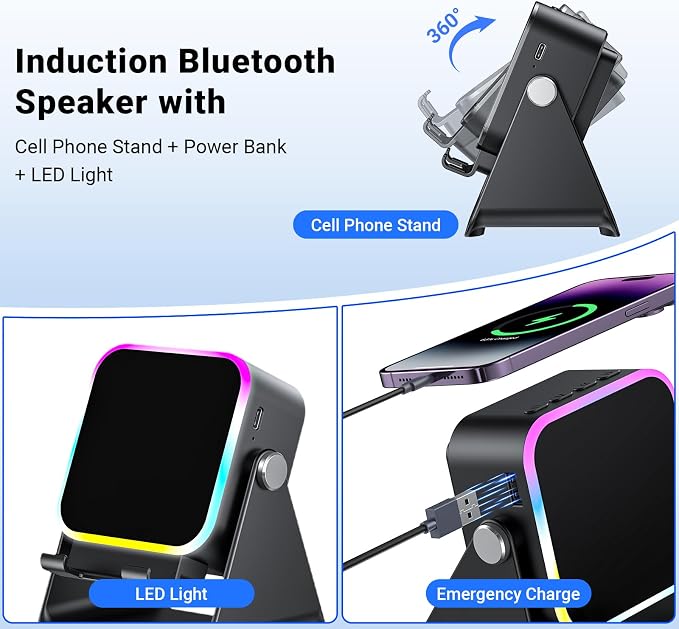 Induction Speaker with Phone Stand 5 in 1 Wireless Bluetooth Audio Black | Phone Speakers Amplifie For iPhone and Android Rechargeable Colorful Light. Birthday Gift for Men Women and Teens