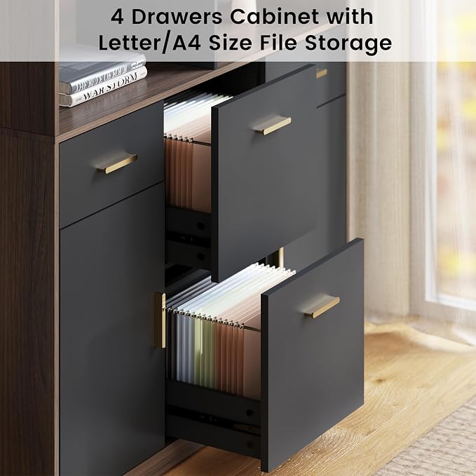 74.8" Tall File Bookcase with 4 Drawers, Cabinet, Wide Bookshelf | Wood Bookcase for Letter/A4 Size, 8-Cube Storage with 3-Tier Display Shelf for Home Office, Living Room, Study, Black Walnut
