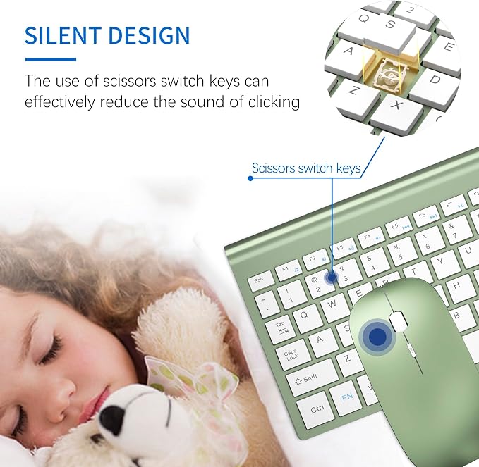 Wireless Keyboard and Mouse Ultra Slim Combo, TopMate - Green White | 2.4G Silent Compact 2400DPI Mouse and Scissor Switch Keyboard Set with Cover, Batteries Included, for PC/Laptop/Windows/Mac