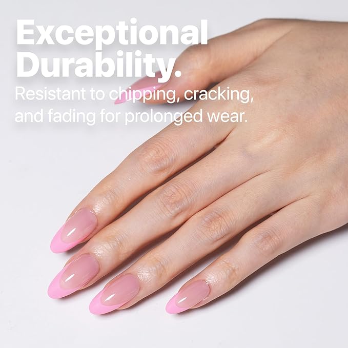 SXC Cosmetics French Tip Press On Nails 150 Pieces in 15 Sizes Ultra Fit with Pre-applied Tip Primer and Base Coat, No Need to File Fake Nails for Nail Art DIY X-Pro Tips (5PINK115-M Almond)