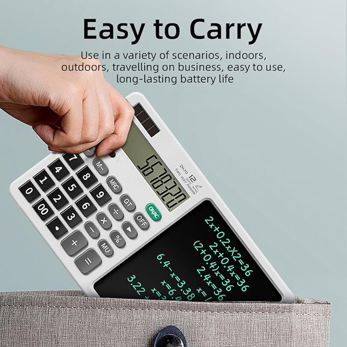 Desk Calculator with Erasable Writing Pad, 12-Digit Wide Screen Display, 100,000+ Reusable LCD Notepad, One-Click Clear & Lock Function, Solar and Battery Dual Power for Office,School,Business (White)