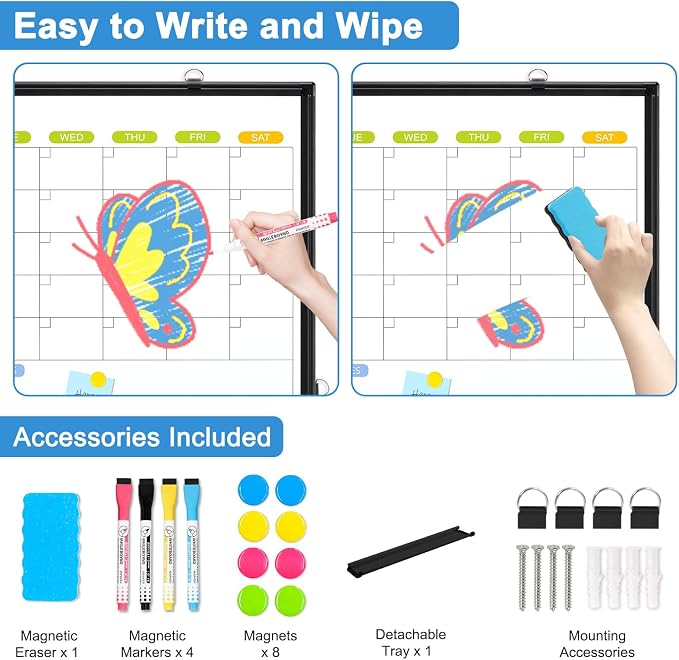 Dry Erase Calendar Whiteboard for Wall, 24" x 18" Month White Board Black | Double-Sided Magnetic, Black Aluminum Frame, Hang Wall Mount, Portable Board for Home, Office, School